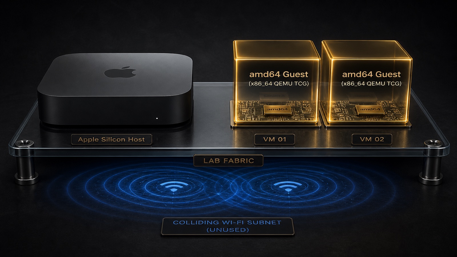 Apple Silicon host with two labelled amd64 QEMU boxes on a lab fabric above a colliding Wi-Fi subnet