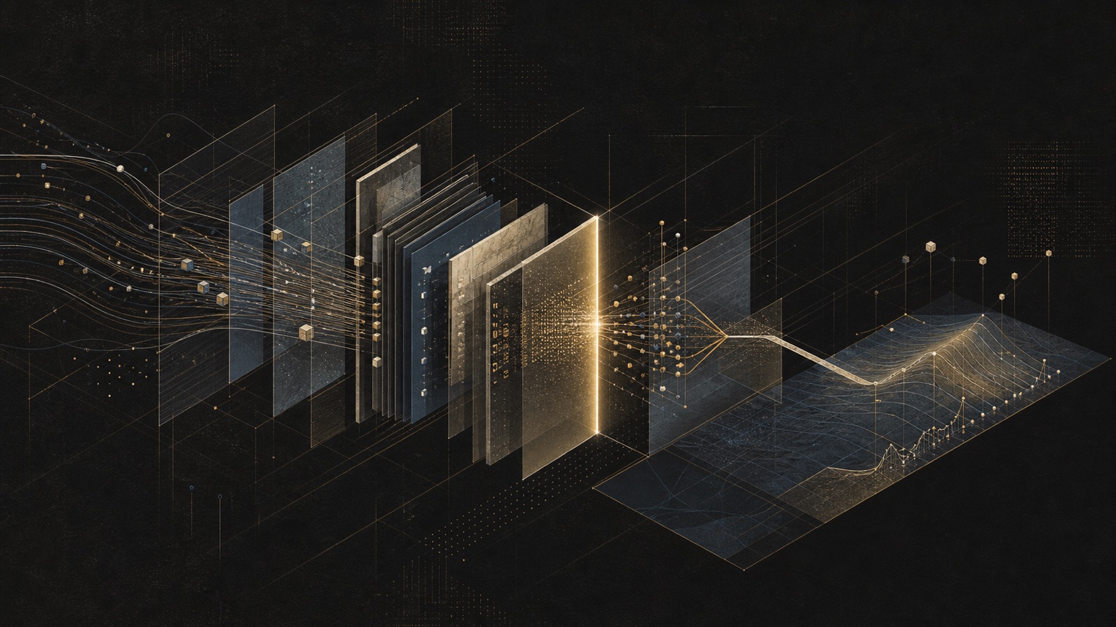 Abstract event streams passing through governed data layers into a product decision surface