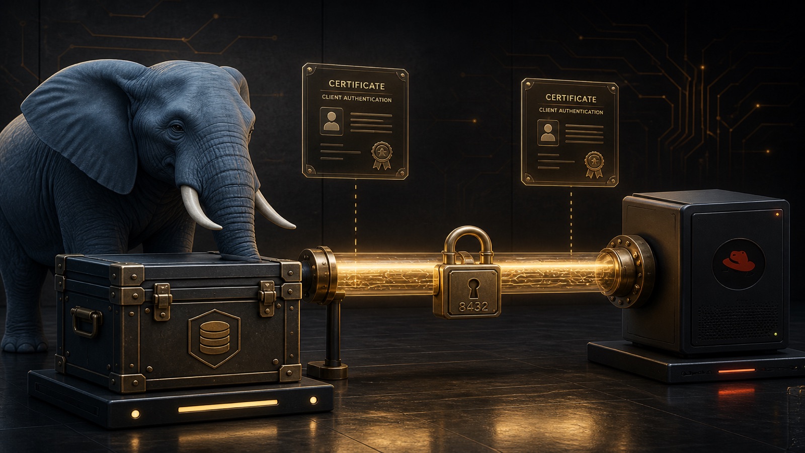 PostgreSQL elephant beside a locked TLS repo host, corridor marked 8432 to a client
