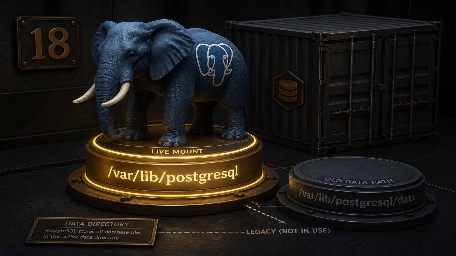 PostgreSQL elephant on nested Docker mounts; the old /data path sits unused beside PG 18