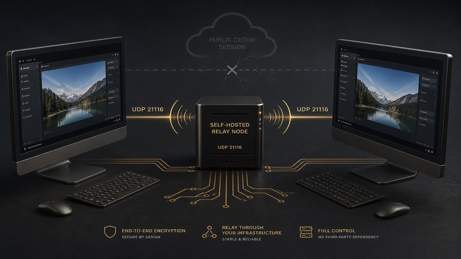 Two desktops mirrored through a self-hosted RustDesk relay while a public session line fades