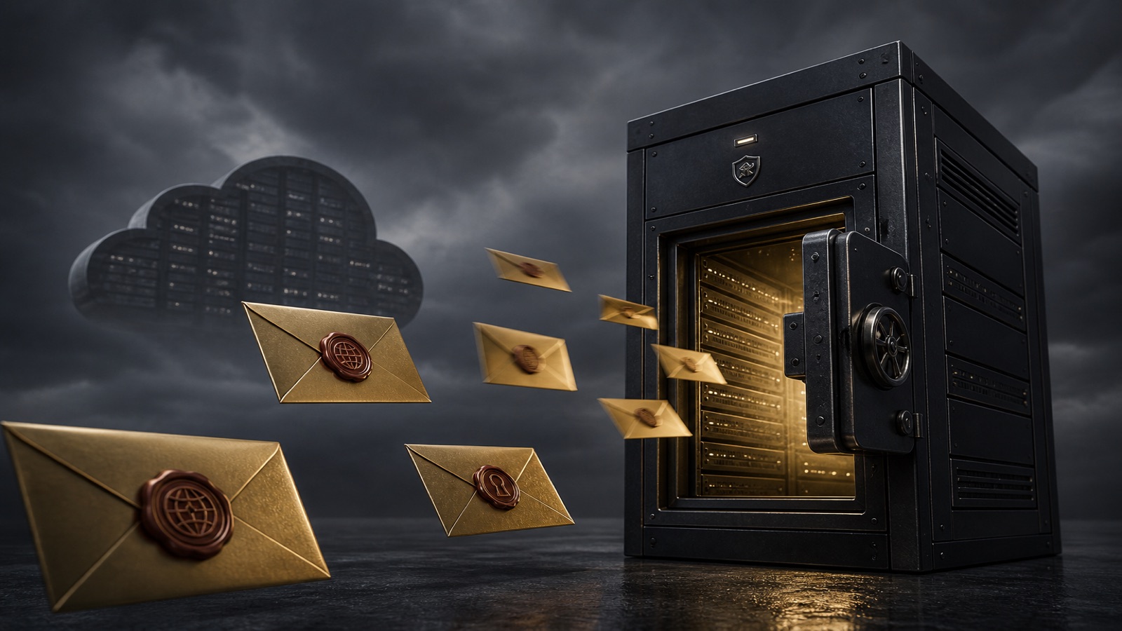 Brass envelopes entering a self-hosted Stalwart MX vault while a public cloud silhouette fades
