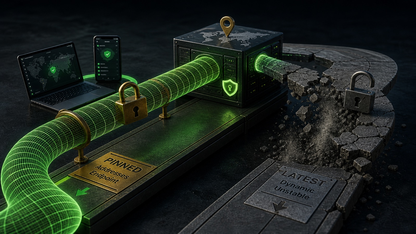 WireGuard-green tunnel from laptop and phone through a pinned VPS; the latest path crumbles